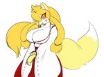  anthro big_breasts blonde_hair breasts canine cleavage clothed clothing female fox fur hair huge_breasts japanese_clothing kemono kimono looking_at_viewer mammal plain_background red_eyes shrine_maiden smile 吉岡 