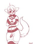  anthro balls bell bell_collar black_nose blush bottomless canine clothed clothing collar front_view girly hair half-dressed half-erect humanoid_penis legwear male mammal monochrome penis solo standing stockings striped_legwear striped_topwear sweater thick_thighs thigh_highs wide_hips yuurikin 