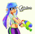  blue_eyes blue_hair breast_squish breasts cephalopod clothing female hair indivicolours ink inkling marine mask midriff nintendo ranged_weapon solo splatoon squid tight_clothing video_games water_gun weapon 