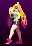  breasts cephalopod clothing female hair ink inkling looking_at_viewer louistrations marine mask nintendo orange_eyes orange_hair pose ranged_weapon shirt shorts smile solo splatoon squid suckers tight_clothing video_games weapon 