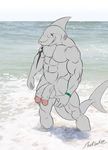  abs anthro balls biceps big_muscles big_penis fangs fin fish flaccid grey_skin grin humanoid_penis male marine markshark_(artist) multi_cock muscles nude pecs penis pose red_eyes scales scar sea shark smile solo standing tattoo teeth toned vein veiny_penis water wristband 