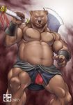  2013 abs abstract_background anthro axe bear biceps blue_eyes bomb_(artist) bulge chubby cloth clothing front_view frown hi_res looking_at_viewer looking_down low-angle_shot male mammal musclegut muscles navel pecs quads solo topless triceps underwear weapon wristband 