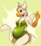  2014 anthro avian beak blue_eyes breasts clothed clothing feathers female freckles gryphon hoot pregnant smile solo wings 