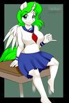  anthro barefoot big_breasts blue_eyes breasts clothing desk digital_media_(artwork) equine fan_character feathers female fur green_hair hair hooves horn kloudmutt long_hair looking_at_viewer mammal my_little_pony school_uniform schoolgirl_uniform sitting smile solo white_fur winged_unicorn wings 