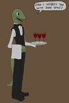  2014 alcohol anthro beverage butler clothing das dialogue english_text green_skin male open_mouth reptile scalie smile solo speech_bubble text tongue wine 