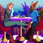  anthro avian barefoot clothed clothing cum cum_on_feet cumshot dragon duo_focus exhibitionism eye_contact female foot_fetish footjob group gryphon horn humanoid_penis hutchyy male orgasm pants penis public red_eyes red_penis restaurant scalie shirt sitting straight under_table wings 