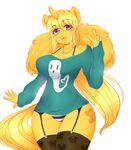  anthro big_breasts blonde_hair blue_eyes blush breasts cleavage clothed clothing cutie_mark equine fan_character feathers female fur golden_ticket hair hi_res horn kurikko legwear long_hair looking_at_viewer mammal my_little_pony necklace nekocakeart panties smile solo standing stockings underwear winged_unicorn wings 