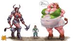  belly big_belly big_breasts bigbigonda bovine breasts clothed clothing female giant group hair horn huge_breasts human mammal minotaur obese overweight size_difference 