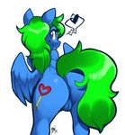  &lt;3 anus blue_eyes blue_fur clitoris cutie_mark digital_media_(artwork) equine fan_character feathers female feral fur green_hair hair hi_res hooves kayla-na long_hair looking_at_viewer looking_back mammal my_little_pony pegasus plain_background presenting pussy raised_tail rear_view smile solo wings 