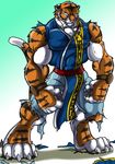  abs anthro biceps big_feet big_hands big_muscles big_paws bloody_roar chinese_clothes claws clothing eyes_closed feline hindpaw huge_feet huge_paws keanon_woods long_(character) male mammal muscle_growth muscles pads pawpads paws pecs solo tiger torn_clothing transformation weretiger 