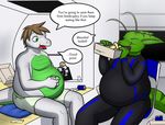  alien anthro bodysuit brown_hair can clothing dragon green_skin hair immelmann male martian obese overweight scalie skinsuit trash trokkemlan twinkie wrapper wrapping 