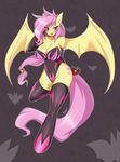  abstract_background anthro apple bat_pony bedroom_eyes big_breasts blush breasts camel_toe cleavage clothed clothing elbow_gloves equine female flutterbat_(mlp) fluttershy_(mlp) friendship_is_magic fruit fur gloves hair hand_in_hair hi_res hooves horse legwear leotard long_hair looking_at_viewer mammal membranous_wings mleonheart my_little_pony navel open_mouth pink_eyes pink_hair pony smile solo stockings thestral wings yellow_fur 