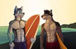  2014 abs anthro azur beach blue_fur brown_fur canine clothed clothing coyote dog duo fangs fur grey_fur half-dressed male mammal outside piercing seaside smile surfboard swimming_trunks swimsuit tar0 tongue topless white_fur 