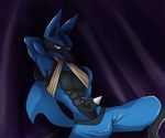  abs anthro arms_behind_head black_fur blue_fur bulge canine clothing fur inviting lucario male mammal muscles nintendo pecs piqueraj pok&eacute;mon pose red_eyes seductive shirt shirt_lift solo spikes toned video_games 