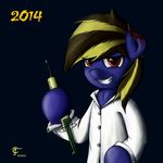  2014 blood equine fan_character lab_coat male mammal my_little_pony pegasus red_eyes smile solo syringe teeth thunder_chaser wings 