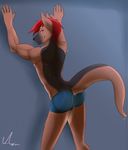  anixis anthro blue_bottomwear canine clothed clothing crash cutoffs denim_shorts digital_media_(artwork) dog german_shepherd hair half-dressed hands_up hybrid looking_at_viewer male mammal mustelid otter papapuppy raised_tail red_hair seductive shorts solo tight_bottomwear topless 