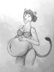 belly big_belly bra breasts clothing feline female hair laew lion looking_away mammal navel plain_background pregnant solo underwear white_background 