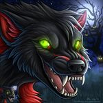  2014 anthro black_fur canine creepy fangs fur glowing glowing_eyes green_eyes halloween headshot_portrait holidays male mammal moon night nightmare_fuel portrait red_fur saruki scary shaded smile snarling solo teeth tree wolf 