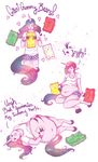  anthro big_belly clothed clothing cute english_text equine girly gummy_bears hand_on_belly hooves horn humanoid male mammal pointy_ears purple_eyes queen-of-losers shorts smile stuffing text unicorn weight_gain 