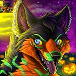  2014 ambiguous_gender anthro black_fur blue_eyes canine creepy fangs fur green_fur halloween headshot_portrait holidays jackal mammal markings moon night orange_fur portrait pumpkin saruki shaded smile solo white_fur 