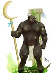  abs anthro biceps big_muscles bin_(artist) black_fur black_nipples blue_eyes bovine cattle clothed clothing fur half-dressed hooves horn loincloth male mammal minotaur muscles nipples pecs polearm pose solo staff standing toned topless 