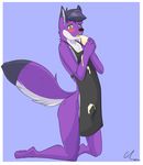  anixis anthro apron blush bulge butt canine food fox fur green_eyes homoerotic_subtext ice_cream kneeling licking male mammal purple_fur raised_tail solo thesleepywolf tongue tongue_out 