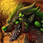  2014 blood creepy dragon fangs fur green_eyes green_fur grey_fur halloween headshot_portrait holidays horn horror hyena male mammal nightmare_fuel piercing portrait saliva saruki scalie scary shaded smile snarling solo teeth tongue tongue_out tongue_piercing tree 