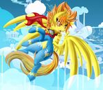  2014 amber_eyes blonde_hair bodysuit clothing cloud cloudscape equine eyewear feathers female feral friendship_is_magic fur goggles hair knifeh mammal my_little_pony open_mouth orange_hair outside pegasus scarf short_hair skinsuit sky solo spitfire_(mlp) wings wonderbolts_(mlp) yellow_feathers yellow_fur 