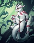  2014 anklet anthro arm_support bodypaint claws clothed clothing digitigrade dragon drake fur furred_dragon green_eyes half-dressed in_tree loincloth looking_away male markings navel solo tail_tuft the_secret_cave topless tree tribal tuft white_fur 