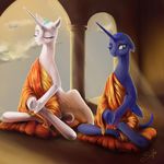  2014 bald duo equine eyes_closed female feral friendship_is_magic horn mammal meditation my_little_pony one_eye_closed pillow princess_celestia_(mlp) princess_luna_(mlp) sibling silfoe sisters sitting winged_unicorn wings 