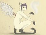  anthro blood breasts cat colored crouching feathers feline female hair looking_at_viewer mammal nude piercing smoking solo tangerine.pup wings 