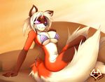  anthro big_breasts bikini bikini_top bottomless bra breasts canine clothed clothing female fox fur glowing glowing_eyes hair half-dressed huge_breasts long_tail macmegagerc mammal multiple_tails navel outside sitting skimpy smile solo swimsuit underwear 