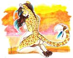  2014 anthro back blue_hair breasts brown_hair butt cheetah claws feather feline female fur hair kneeling looking_at_viewer looking_back mammal nipples nude pawpads paws solo spots tazara toe_claws traditional_media_(artwork) two_tone_hair white_fur yellow_fur 