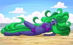  anthro anthrofied beach bikini blue_fur breasts clothing digital_media_(artwork) equine female friendship_is_magic fur green_eyes green_hair hair hi_res hooves horse long_hair looking_at_viewer lying mammal mane-iac_(mlp) multicolored_eyes my_little_pony mysticalpha navel outside pony power_ponies_(mlp) seaside smile solo swimsuit 