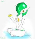  anthro blush breasts clothing female fir3born gardevoir green_hair hair hair_over_eye humanoid nintendo nipples panties pok&eacute;mon sitting solo sponge underwear video_games water yellow_eyes 