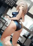  ass bare_legs barefoot blue_swimsuit blurry blurry_background blurry_foreground breasts brown_hair competition_swimsuit depth_of_field dutch_angle erect_nipples foreshortening from_behind girls_frontline hair_ornament hairclip highres impossible_clothes impossible_swimsuit indoors kneeling large_breasts long_hair looking_back mossberg_m590_(girls_frontline) one-piece_swimsuit pandea_work parted_lips solo swimsuit yellow_eyes 