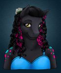  anthro black_fur breasts clemikou clothed clothing ear_piercing equine female flower flower_in_hair fur hair looking_at_viewer mammal multicolored_hair my_little_pony piercing plant smile solo star yellow_eyes 