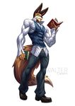  abs anthro biceps canem canine clothing eyewear fur glasses lagomorph looking_at_viewer male mammal muscles pants pecs rabbit shirt shoes smile solo toned vest walter walter_canem wolf wolfie wolfiecanem 