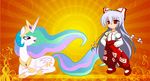  abstract_background blue_hair bow clothing crossover cutie_mark duo equine female friendship_is_magic fujiwara_no_mokou green_hair hair horn human long_hair mammal my_little_pony pink_hair princess_celestia_(mlp) purple_eyes red_eyes red_pants royalty smile sun touhou white_body white_hair white_shirt winged_unicorn wings 