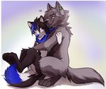  &lt;3 2014 anthro blue_nose butt canine couple dog duo eyewear fur gay hair hug husky keihound love male mammal nude open_mouth paws scarf smile wolf 