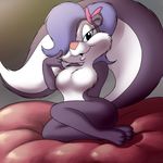  anthro bedroom_eyes breasts chochi female fifi_la_fume fluffy_tail looking_at_viewer mammal skunk solo text tiny_toon_adventures tiny_toons warner_brothers 
