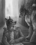  2014 angry anthro arguing arrow canine claws clothing duo ear_piercing fangs greyscale male mammal monochrome piercing rukis scar shaded sitting story_in_description teeth tongue wolf 