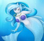  anthro big_breasts blue_eyes blue_hair bracelet breasts cat-named-fish digital_media_(artwork) equine fan_character female fish_tail fur hair horn jewelry long_hair looking_at_viewer mammal marine mermaid my_little_pony navel necklace shells smile solo two_tone_hair underwater unicorn water white_fur 