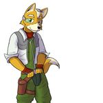  anthro ascot black_nose canine clothed clothing eyewear fox fox_mccloud fur fuze gloves green_eyes green_pants happy headwear jacket jumpsuit looking_at_viewer male mammal nintendo plain_background pose solo standing star_fox video_games white_background white_fur yellow_fur 