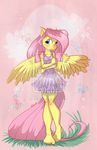  2014 annoying_watermark anthro anthrofied barefoot blue_eyes blush dress ellisarts equine feathers female fluttershy_(mlp) friendship_is_magic fur hair hindpaw long_hair looking_away mammal my_little_pony paws pegasus pink_hair smile solo standing watermark wings yellow_feathers yellow_fur 