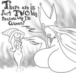 big_breasts blush breasts crown duo english_text eyeless female hair_over_eyes hat huge_breasts lips monochrome paper_mario queen royalty shadow_queen snugundies text vivian witch_hat 