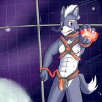  abs anthro bdsm bondage bound buttplug canine fur fuzebox looking_at_viewer male mammal nintendo nipples outer_space prison sex_toy solo space space_station standing star_fox video_games wolf wolf_o&#039;donnell 