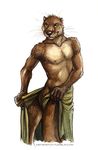  2014 anthro black_nose brown_fur front fur kenket looking_at_viewer male mammal mustelid nude otter plain_background pose smile solo standing thick_tail topless towel whiskers white_background 