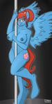  abstract_background anthro bedroom_eyes big_breasts blue_fur blush breasts cutie_mark equine fan_character feathers female fur hair hooves lipstick long_hair looking_at_viewer mammal my_little_pony nipples pegasus pole presenting smile solo standing strangerdanger stripper stripper_pole wings yellow_eyes 