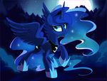  2014 blue_eyes blue_hair cutie_mark equine eyeshadow female feral friendship_is_magic hair horn looking_at_viewer makeup mammal mist moon mountain my_little_pony necklace night outside pepooni portrait princess_luna_(mlp) solo sparkles star tree winged_unicorn wings 